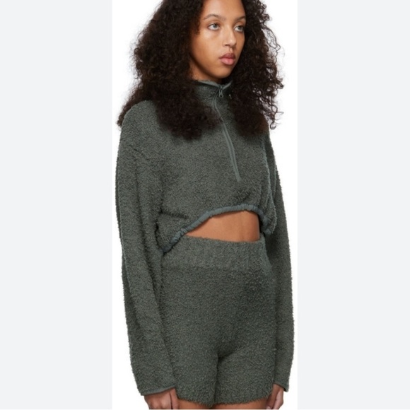 Skims Cozy Fleece Zip-Up Crop Sweater Sage Green S/M - Picture 1 of 4